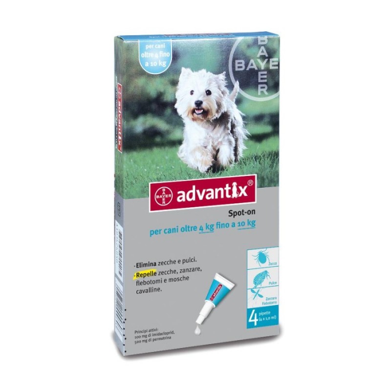 ADVANTIX SPOT ON - soluz 4 pipette 1 ml 100 mg + 500 mg cani da 4 a 10 Kg
