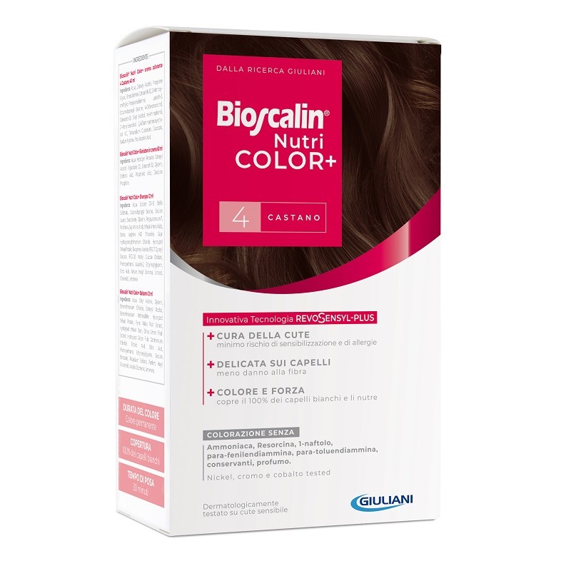 BIOSCALIN NUTRICOLOR PLUS 4 CASTANO CREMA COLORANTE 40 ML +RIVELATORE CREMA 60 ML + SHAMPOO 12 ML + TRATTAMENTO FINALEBALSAMO 1