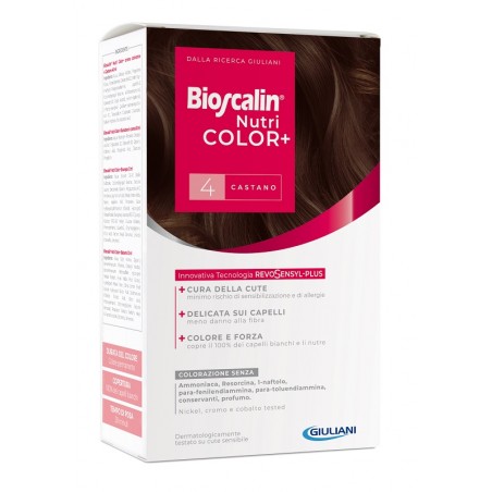 BIOSCALIN NUTRICOLOR PLUS 4 CASTANO CREMA COLORANTE 40 ML +RIVELATORE CREMA 60 ML + SHAMPOO 12 ML + TRATTAMENTO FINALEBALSAMO 1