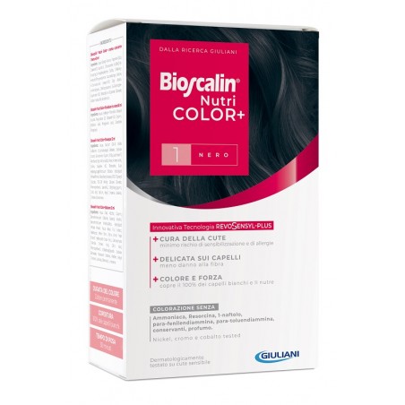 BIOSCALIN NUTRICOLOR PLUS 1 NERO CREMA COLORANTE 40 ML + RIVELATORE CREMA 60 ML + SHAMPOO 12 ML + TRATTAMENTO FINALE BALSAMO 12
